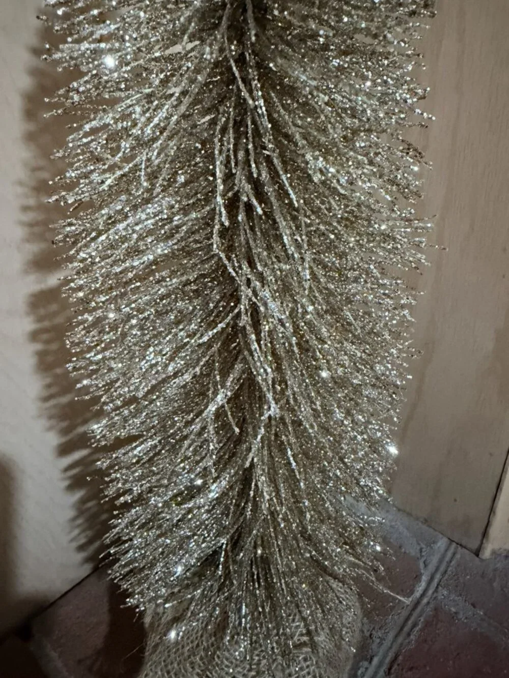 20” Champagne-Glitter Bottle Brush Tree Rustic Burlap Wrapped Base
